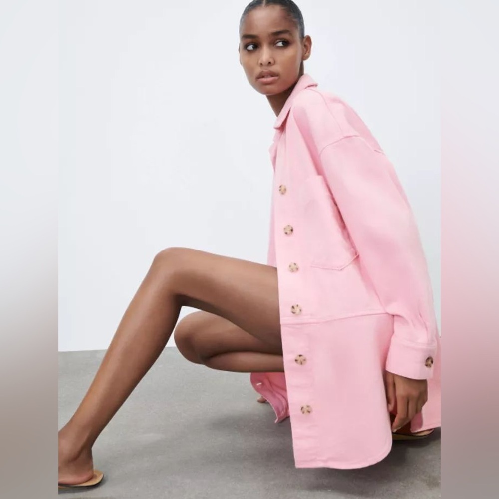 ZARA Denim Overshirt with Pocket Bubble Gum pink Jacket oversize